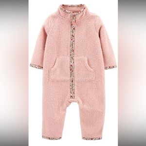 NWT Carter's Baby Girl Pink W/ Floral Trim Z-Up Sherpa Jumpsuit - SIZE 6M